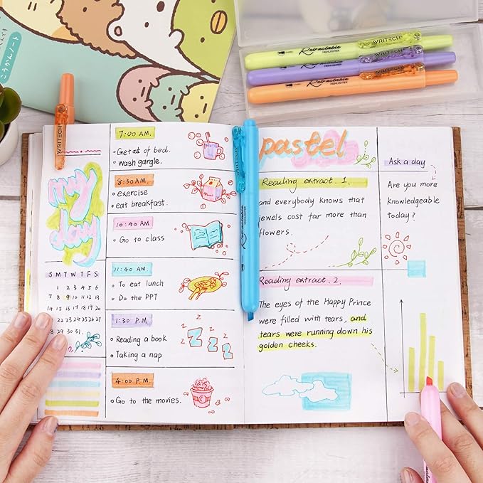 WRITECH Retractable Highlighters Assorted Colors: Chisel Tip Click Aesthetic Highlighter Marker Pens Pack Multi Colored Ink No Bleed Smear for Highlighting Journaling (12ct Neon+Pastel)