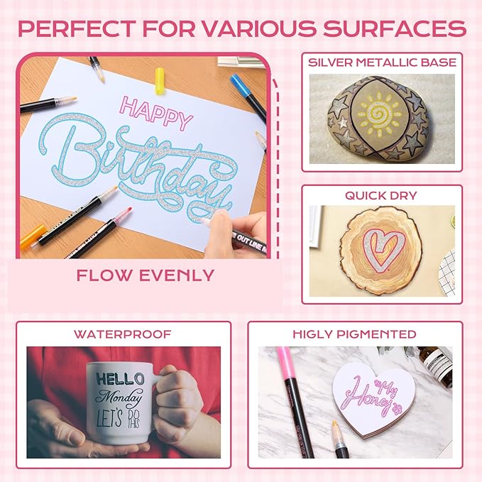 Jim&Gloria Glitter Pens Acrylic Paint Markers, Metallic Outline Markers for Kids Ages 4-8-12 DIY Crafts, Writing, Drawing, Coloring, Scrapbook, Classroom Art Supplies, Teen Girl Gifts Trendy Stuff