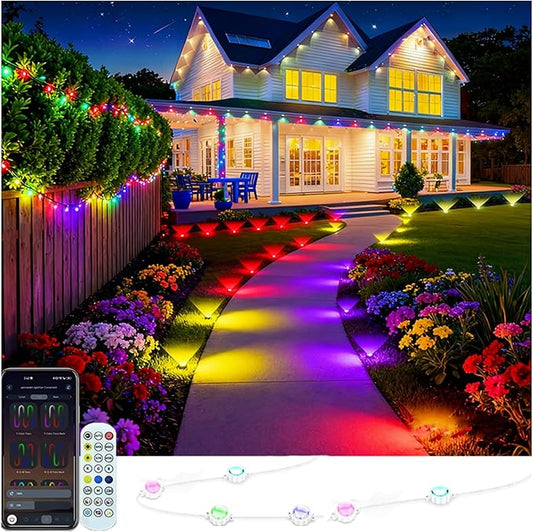 Outdoor Ground Lights 31FT Patio Decorations Smart Outdoor Christmas Lights with IC+RGB 20 Pathway Light IP67 Waterproof for Halloween Christmas Birthday Holiday Party APP/Remote Control