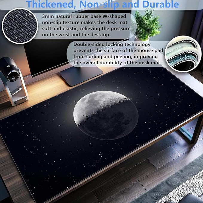 Moon Mouse Pad Sci-fi Galaxy Desk Mat Extended XL Large Gaming Mousepad Dark Computer Pad with Stitched Edges 31.5 x 15.7 inch Keyboard and Mouse pad Office Desk Decoration Pad
