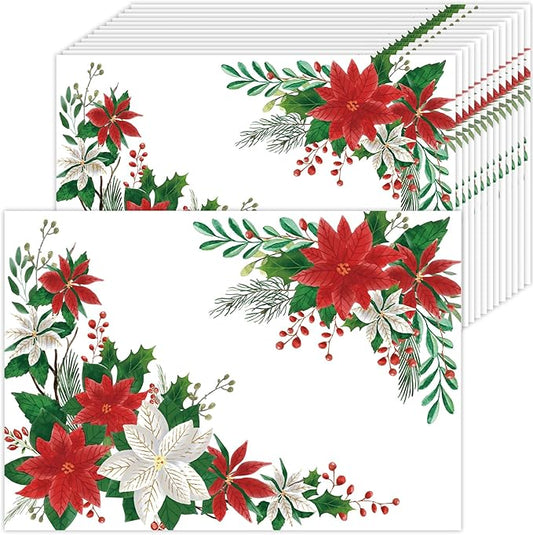 50 Pack Christmas Velvet Poinsettia Paper Placemats,16x 11 Inch Red Poinsettia Flower Disposable Placemat Seasonal Winter Poinsettia Golden Tablemats for Kitchen Dining Christmas Party Supplies