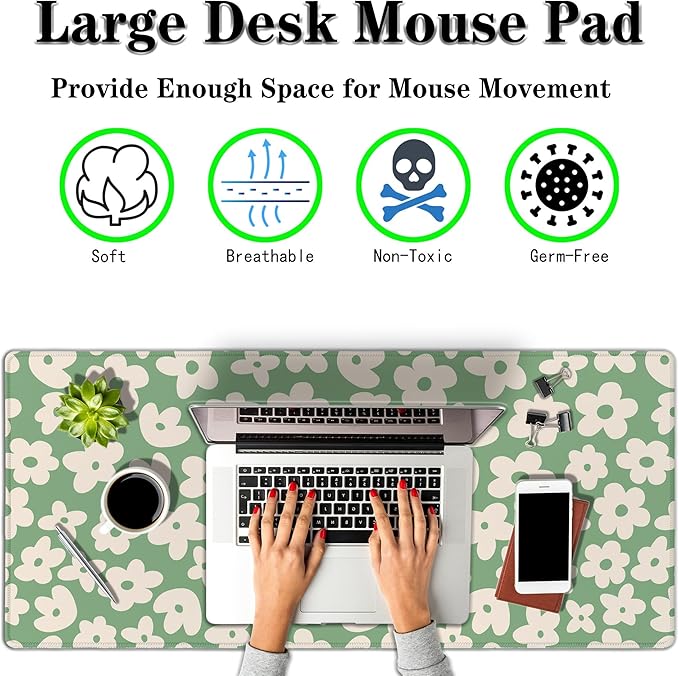 Large Gaming Mouse Pad - Green Keyboard Mouse Pads with Non-Slip Rubber Base, 35.4" X 15.7" for Game Office, Groovy Flowers