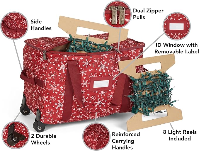 Covermates Keepsakes Rolling Christmas Light Storage Bag - Carrying Handles, ID Window, Dual Wheels - Holiday Storage, Red Snowflake