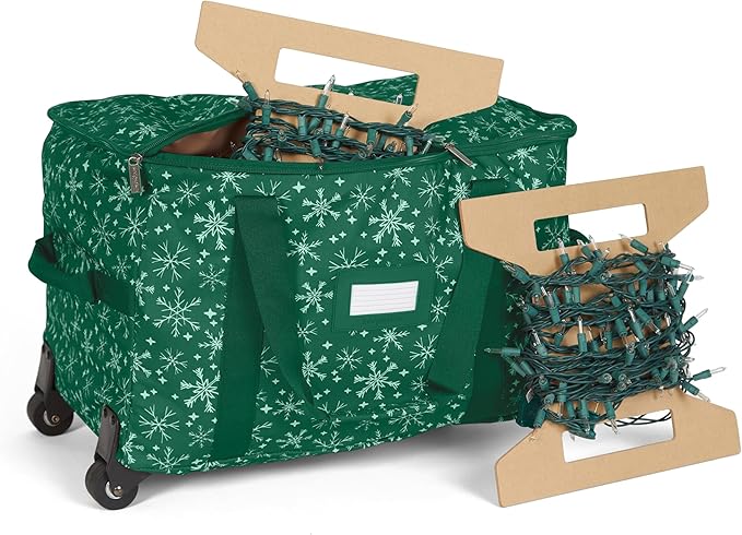 Covermates Keepsakes Rolling Christmas Light Storage Bag - Carrying Handles, ID Window, Dual Wheels - Holiday Storage, Green Snowflake