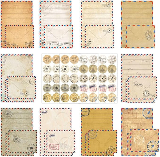 160 Packs Stationery Paper and Envelopes Set 10 Different Designs, 50 One Sided Stationery Writing Papers with 50 Matching Envelopes and 60 Round Dot Sticker, 5.5 x 8.25 Inch (VintageTravel)