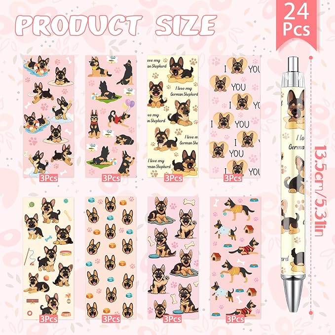 German Shepherd Ballpoint Pens Gifts 24Pcs Cartoon Dogs Pen Set Animal Retractable Smooth Writing Ballpoint Pen Gift for Women Teacher Students Dog Lovers Teen Office School Party Supplies