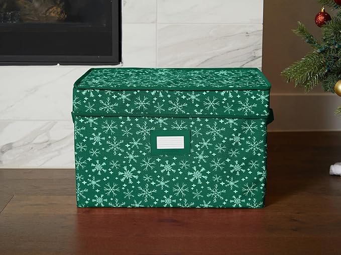 Covermates Keepsakes Christmas Light Storage Box - Carrying Handles, Sturdy Interior Walls - Holiday Storage, Green Snowflake