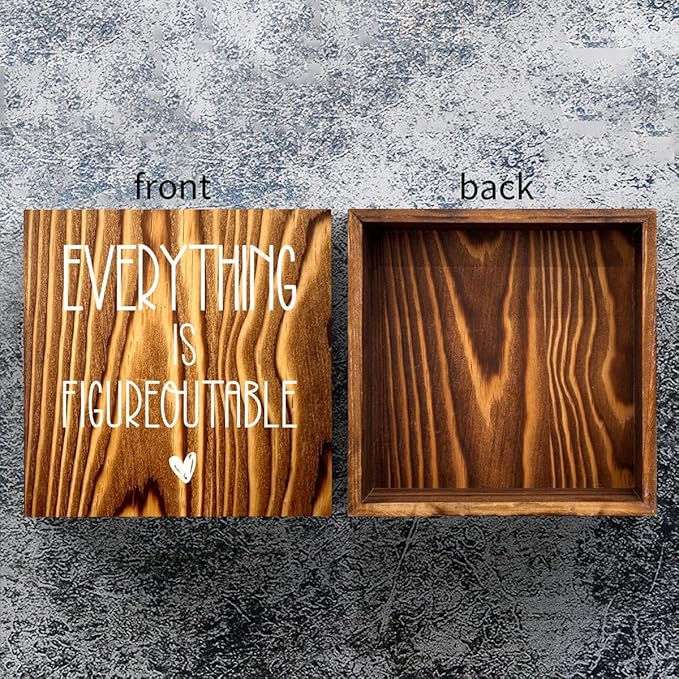 mmiishe Everything Is Figureoutable Wooden Box Sign Decorative Inspirational Farmhouse Wood Box Sign Home Office Decor Motivational Gift Rustic Square Desk Decor Sign for Shelf Burlywood