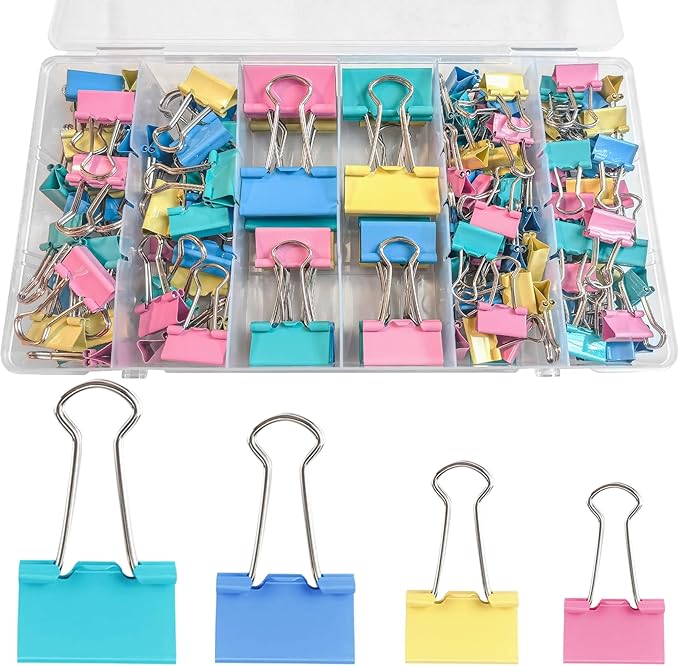 Binder Clips Assorted Sizes, 140 PCS Colored Binder Paper Clips Office Clips Office Supplies Desk, 4 Sizes Cute Binder Clips Large Medium Binder Clip Small Paper Clips Medium Paper Clamps (Colored)