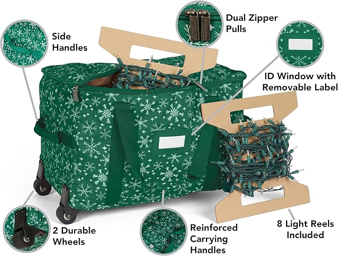 Covermates Keepsakes Rolling Christmas Light Storage Bag - Carrying Handles, ID Window, Dual Wheels - Holiday Storage, Green Snowflake