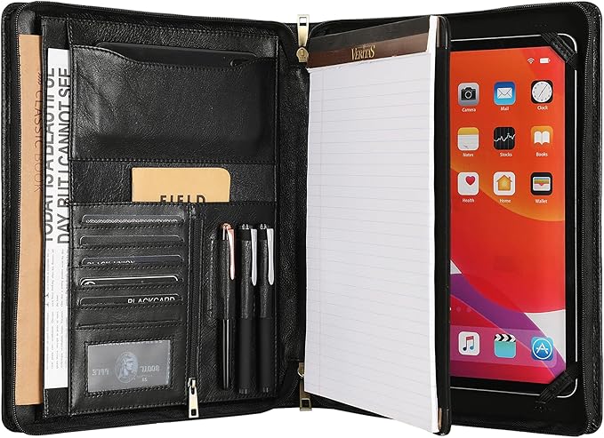 Leather Portfolio for 12.9 inch iPad Pro (2018/2020/2021/2022), Leather Padfolio Organizer with Ipad Holder for Letter Size Notepad, Personalized Portfolio for Men/Women (Black, Non-Custom)