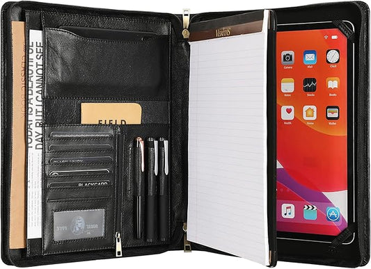 Leather Portfolio for 12.9 inch iPad Pro (2018/2020/2021/2022), Leather Padfolio Organizer with Ipad Holder for Letter Size Notepad, Personalized Portfolio for Men/Women (Black, Non-Custom)