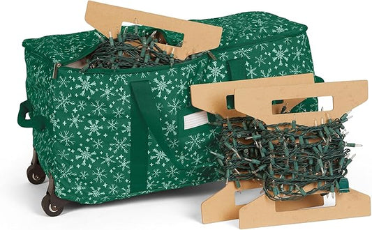 Covermates Keepsakes Rolling Christmas Light Storage Bag - Carrying Handles, ID Window, Dual Wheels - Holiday Storage, Green Snowflake