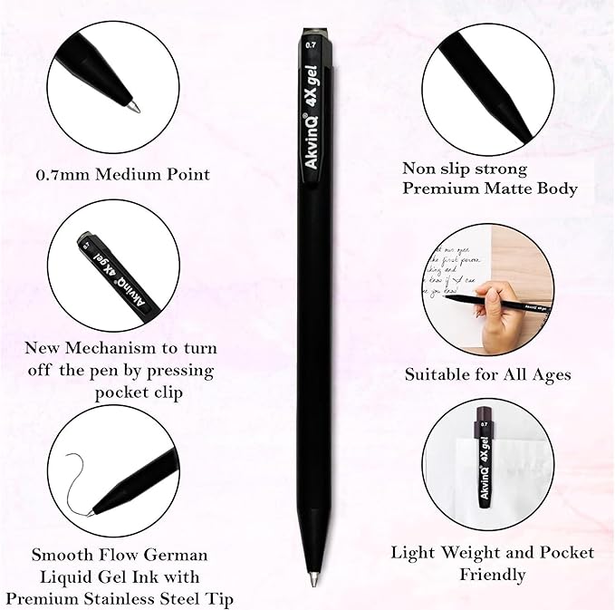 AKVINQ® 4X Gel Retractable Gel Pen | 0.7mm Medium Point | Black Gel Ink Pens | Pack of 36 Pens | Premium Matte Finish | Jumbo Refill - For Journaling, Writing, Note-Taking, Office Supplies