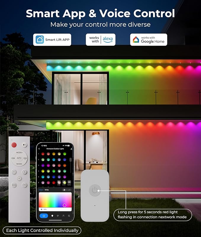 Permanent Outdoor Christmas Lights Pro, 100ft RGBWW & 60LM Triple-LED Smart Lights, Christmas Decorations Outdoor with 79 Scene Modes, IP67 Waterproof Work with Alexa, Google Assistant