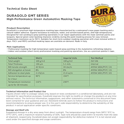Dura-Gold Green Automotive Masking Tape 3/4 Inch (0.7 Inch x 55 Yards), Case of 48 Rolls - Premium High-Performance, Heat Resistant - Auto Refinish Painting, Car Detailing, Autobody, Painters Tape