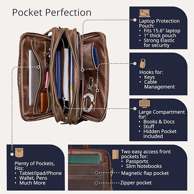 Luxorro Full Grain Leather Briefcase for Men, Top Choice Gifts, Handcrafted Laptop Bag with Multiple Compartments and Brass Hardware, Fits 15.6 Inch Laptop