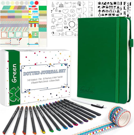 feela Dotted Journal Kit, Dot Grid Journal Hardcover Planner Notebook Set For Beginners Women Girls Note Taking with Journaling Supplies Stencils Stickers Pens Accessories, A5, 224 Pages, Green