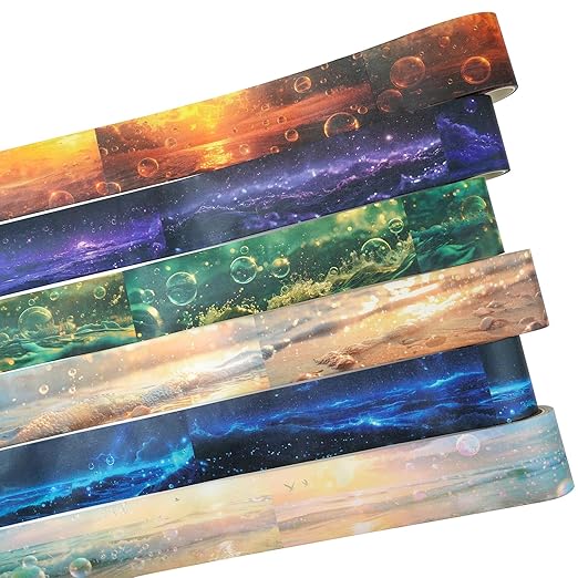 Ocean Fantasy Washi Tape Set – 6 Rolls with Dreamy Sunset, Wave and Bubble Patterns for Scrapbook, Journal, DIY Cards, with Mini Clip