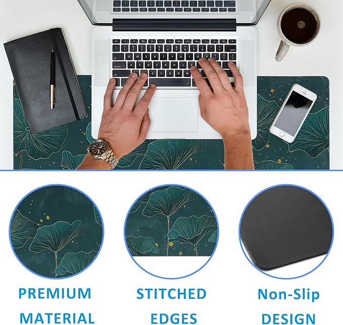Mouse Pad,Lotus Leaves in Gold Line Desk Mat for Desktop,Desk Pad with Non-Slip Base and Stitched Edge,Extended Mousepad for Office and Home 35.4X15.7 Inch