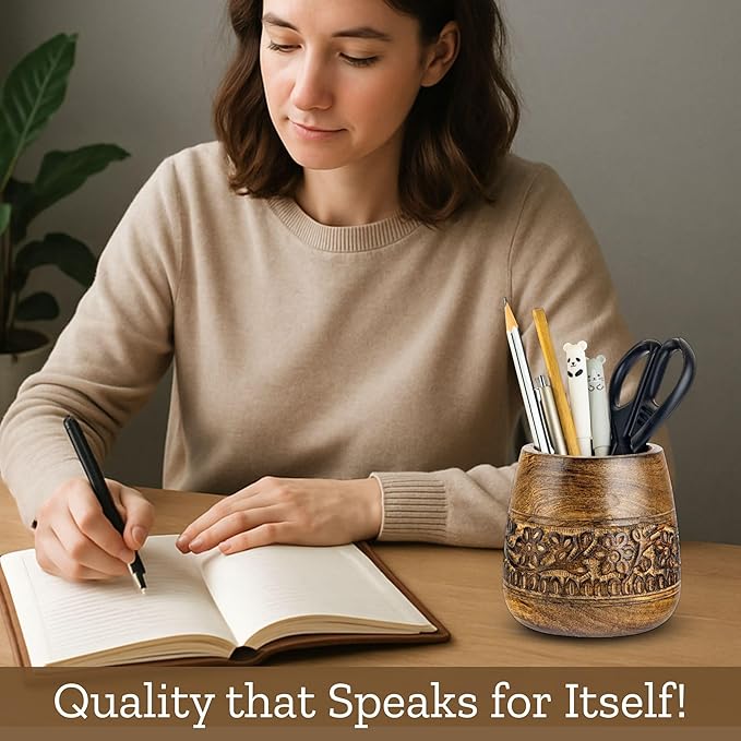 Mie Creations Designer Pencil Holder for Desk Wood | Wooden Pen Stand, Paintbrush Cup, Desk Accessories, Cute Make Up Brush Organizers | Office Desktop Stationery, Christmas Holidays Gift- 4'' Brown