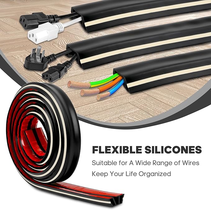 10ft Large Black Floor Cord Cover, Self-2" (W) x 0.6"(H), Cable Cavity:0.8"(W) x 0.4"(H), Adhesive Power Cable Protector, Silicone Cord Protector, Cord Management, Cord Concealer and Cable Hider