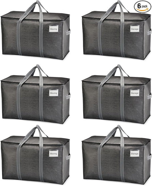 VENO 6 Pack Moving Bags, Heavy Duty, Moving Boxes Alternative, Packing Storage Supplies for Dorm Room Essentials with Zipper for Clothes, Extra Large Totes for Packaging (Dark Gray, 6 Pack)