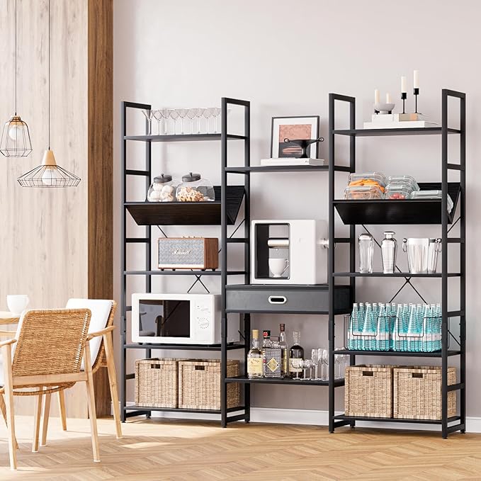 NUMENN Bookcases and Bookshelves Triple Wide 5 Tier Bookshelf, Large Etagere Bookshelf with Storage Drawer, Adjustable Open Display Shelves for Living Room, Bedroom, Home Office, Black