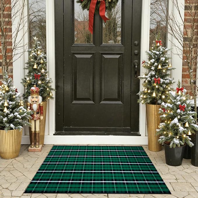 OJIA Christmas Front Door Mat Outdoor 24"x36" Cotton Green Plaid Rug, Washable Front Porch Rug Farmhouse Holiday Doormat Indoor Small Area Rugs for Layered Welcome Mat Kitchen Entrance Bathroom Decor