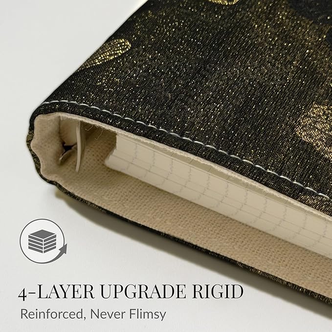 Luxury Refillable Notebook with Grid Pages, Loose Leaf Hardcover 6-Ring Planner, Shimmering Black & Gold Embroidered Butterfly Journal for Study, Work, or Gifts (A6)