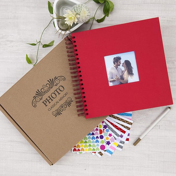 10 x 10 Inch DIY Scrapbook Photo Album with Window Design Cover 80 Pages Craft Paper Memory Book for Weeding Anniversary Travel and Baby (Red)