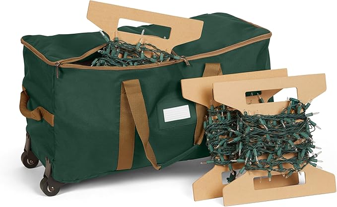 Covermates Keepsakes Rolling Christmas Light Storage Bag - Carrying Handles, ID Window, Dual Wheels - Holiday Storage, Green