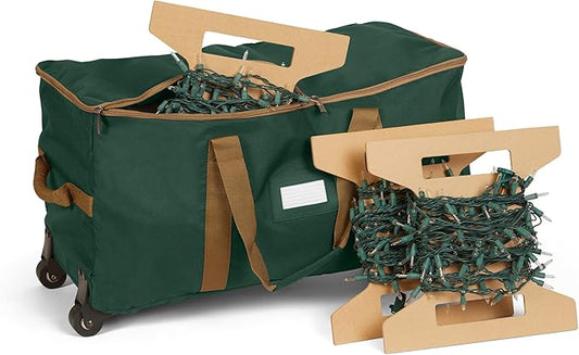 Covermates Keepsakes Rolling Christmas Light Storage Bag - Carrying Handles, ID Window, Dual Wheels - Holiday Storage, Green