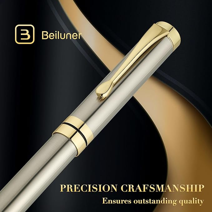 BEILUNER Ballpoint Pens, Stunning Silver Chrome Metal Pen with Golden Trim, Best Ball Pen Gift Set for Men & Women, Professional, Executive, Office, Nice Pens-Gift Box with 0.5mm Extra Black Refill