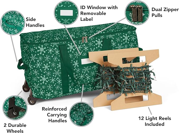 Covermates Keepsakes Rolling Christmas Light Storage Bag - Carrying Handles, ID Window, Dual Wheels - Holiday Storage, Green Snowflake