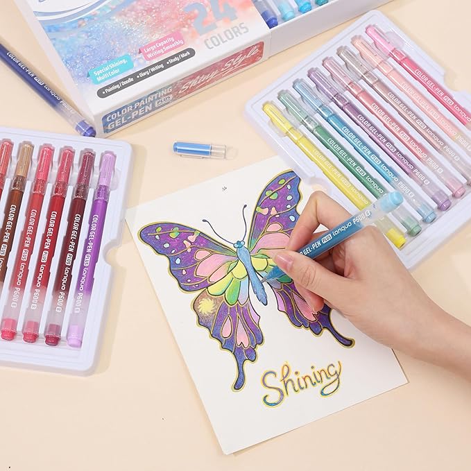Glitter Gel Pens for Adult Coloring, 24 Colors Special Shining Multi Glitter Gel Pens Colored Set for Drawing, Doodling, Journaling & Creative Art Supplies