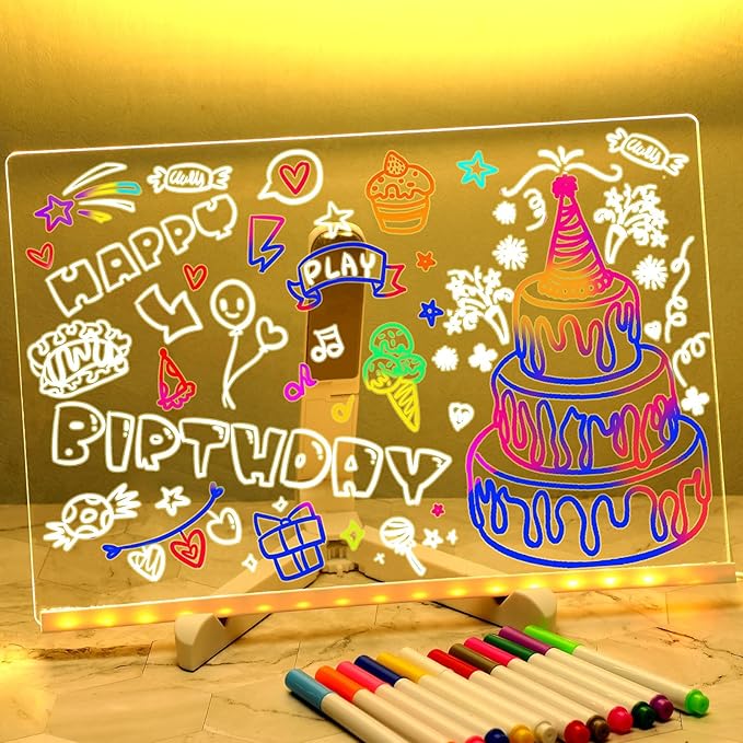 LED Note Board with Colors, 12"x 8" Glowing Acrylic Dry Erase Board with Light, Led Drawing Board with Stand LED Message Writing Board with 7 Markers for Holiday Party Christmas Gift
