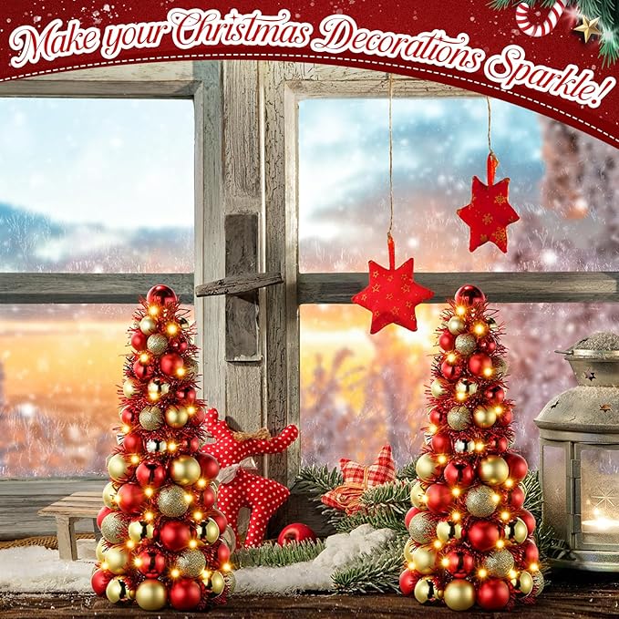 Meooeck 2 Pcs Christmas Ball Tree with Lights 16 Inch LED Fireplace Table Holiday Xmas Tree Decorations Tabletop Christmas Beach Decorations for Party(Red,Gold)