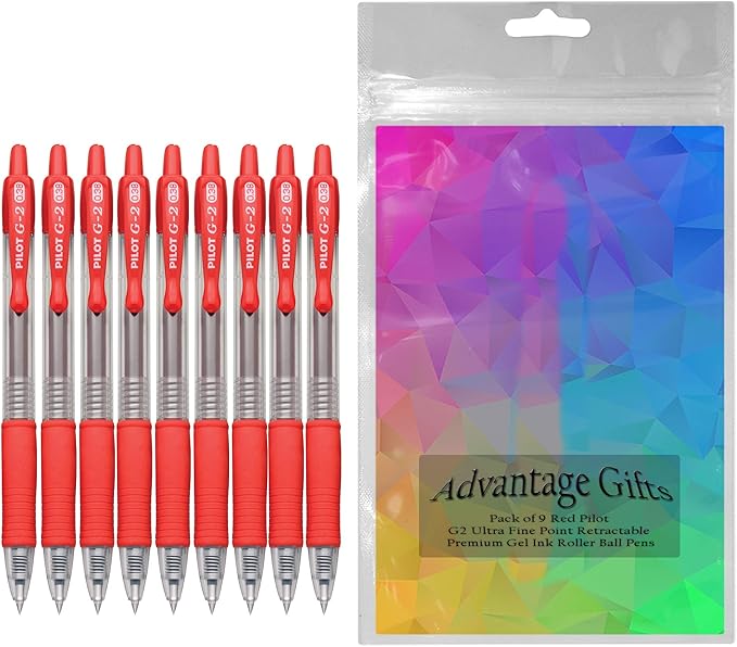 G2 Retractable Premium Gel Ink Roller Ball Pens Ultra Fine Point (.38mm) Red Ink 9 pack; Refillable & Premium Comfort Grip Bundle with Plastic Reusable Pouch
