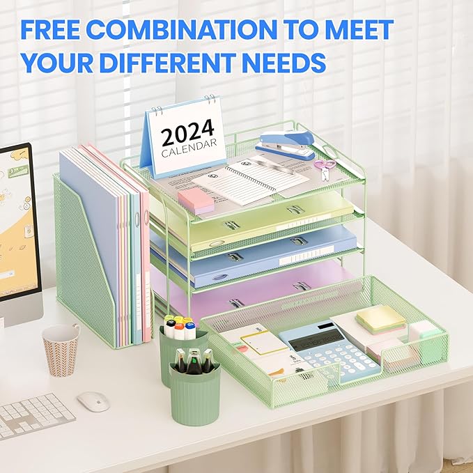 OPNICE Desk Organizer and Accessories, 4-Tier Desktop File Organizer with Drawer and 2 Pen Holders, Office Desk Accessories, File Sorters, Workspace Organizers for Office Supplies(Green)