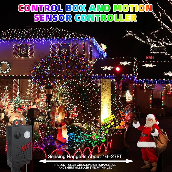 Music Motion Sensor Christmas String Lights 105ft 300 LED，Multicolour Christmas Tree Lights，End-to-End Plug In 6 Modes Christmas Lights, Waterproof for Indoor Outdoor Tree Party Yard Room Decor