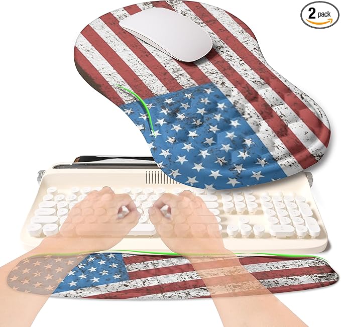 2-in-1 Ergonomic Set, Wave Rise Keyboard Wrist Rest and Massage Bulge Slope Mouse Pad Wrist Support, Cushion Memory Foam Integrated to Relieve Wrist Pain, American Flag