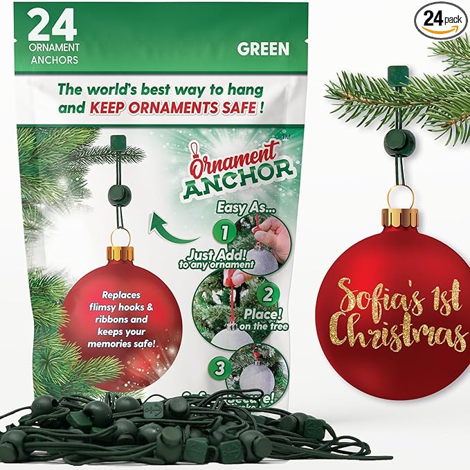 ORNAMENT ANCHOR Ornament Hooks for Hanging Christmas Decorations - No-Slip Hanging Hooks for Xmas - Heavy Duty Christmas Tree Ornaments Hanger Hooks for Small & Large Ornaments (Green, 24 Count)