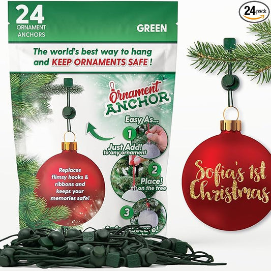 ORNAMENT ANCHOR Ornament Hooks for Hanging Christmas Decorations - No-Slip Hanging Hooks for Xmas - Heavy Duty Christmas Tree Ornaments Hanger Hooks for Small & Large Ornaments (Green, 24 Count)