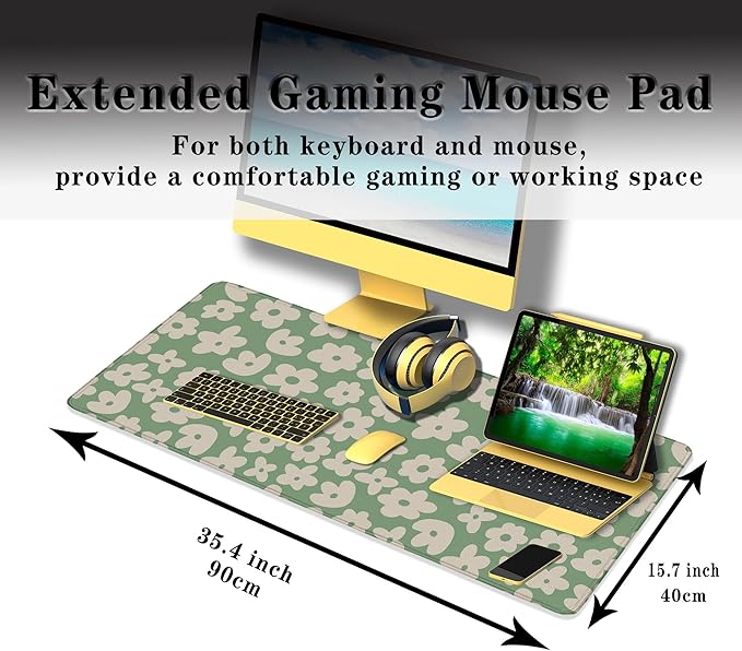 Large Gaming Mouse Pad - Green Keyboard Mouse Pads with Non-Slip Rubber Base, 35.4" X 15.7" for Game Office, Groovy Flowers