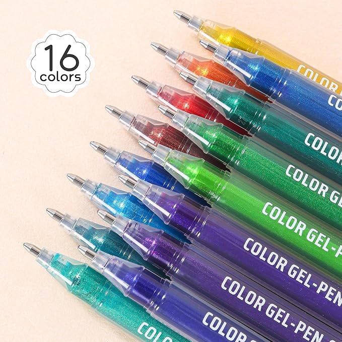 Glitter Gel Pens for Adult Coloring, 16 Colors Double Shining Glitter Gel Pens Colored Set for Drawing, Doodling, Journaling & Creative Art Supplies