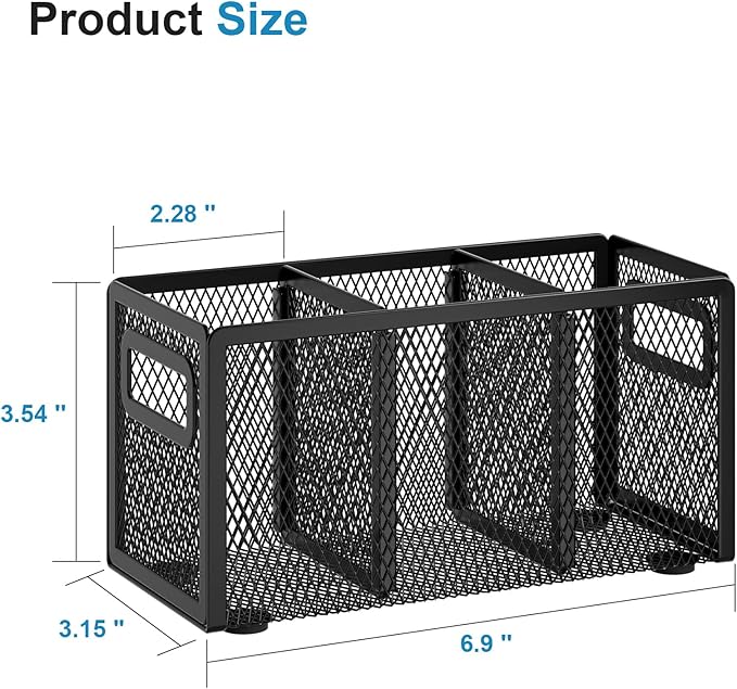 Marbrasse Mesh Pen Holder for Desk,Pencil Holder Desk Organizer 3 Adjustable Compartments,Pencil Cup with Handle Perfect for Classroom, Office, Home,Makeup,Art (Black)