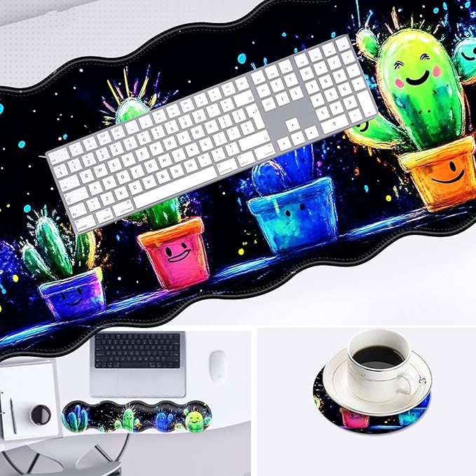 Large Mouse Pad and Keyboard Wrist Rest, Desk Pad for Keyboard and Mouse, 4-in-1 Large Gaming Mouse Pad with Wrist Support, Desk Mat for Home Office Study Game-Cute Cactus