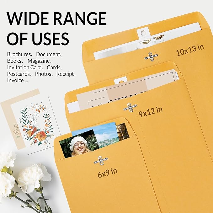 SUNEE Envelops, 6"x9" Brown Kraft Envelopes with Clasp Closure, 28-lb Paper Mailing Envelopes, 100 Count, Great for Filing, Storing or Mailing Documents