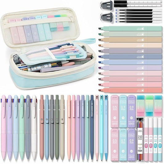 Four Candies 56 PCS Aesthetic School Supplies with Cute Pencil Case, 6 Multicolor Pen, 12 Pastel Highlighters, 5 Gel Pens Black Ink, 9 Mechanical Pencils for Student Stationary Set Preppy Stuff (Blue)